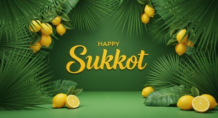 Happy sukkot greeting with lemons and green foliage background