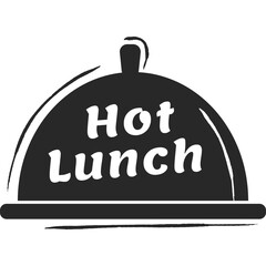 Vector illustration of a covered dish with the words Hot Lunch in white text on a black background with a transparent background, symbolizing a meal service or catering.