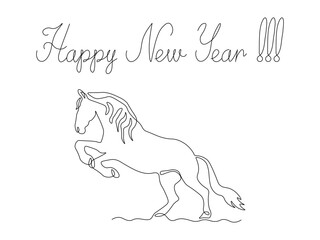 Greeting card with lettering Happy New Year and horse,  continuous single one line art hand drawing sketch, logo on white background