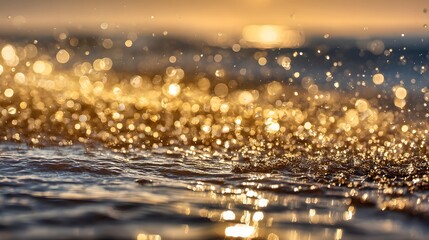 Sparkling water droplets scatter brilliant golden light close to the surface during sunset