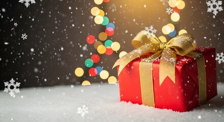 Red Christmas gift box with golden ribbon on snowy background and festive lights