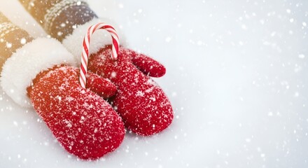 Red winter mittens holding candy cane on snowy background for Christmas season