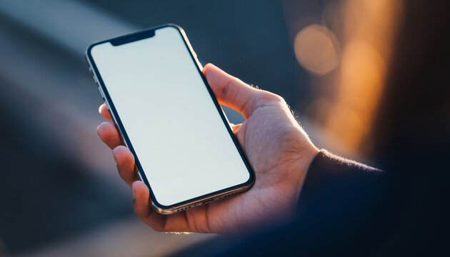 手に持ったスマートフォンの高画質画面モックアップ