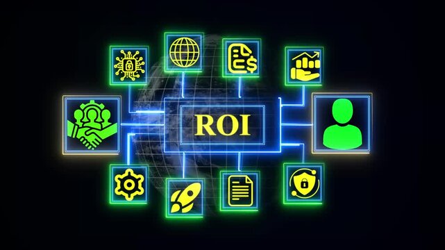 Minimalist R OI concept diagram with glowing green and aqua nodes and icons on world-wide black background Key Responsibility Area