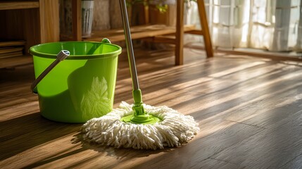 Bright green bucket and string mop resting on a sunlit wooden floor indoors