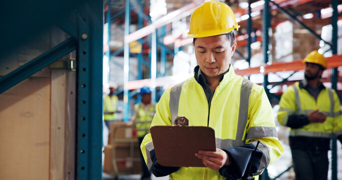 Businessman, logistics and checking stock with clipboard in warehouse for storage or inventory. Man, employee or distributor with checklist for supply chain, cargo shipping or maintenance in depot