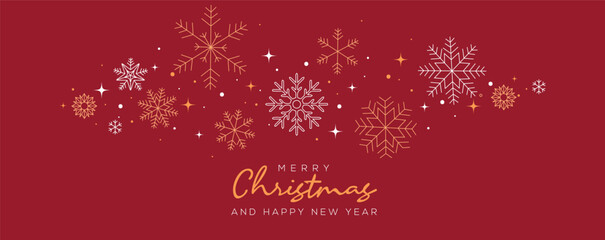 Merry Christmas and Happy New Year banner with glowing gold snowflakes, elegant ornaments background