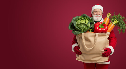 Santa claus carrying shopping bag filled with fresh vegetables. Elderly man in red suit promoting healthy eating and nutrition for new year holiday deliveries.