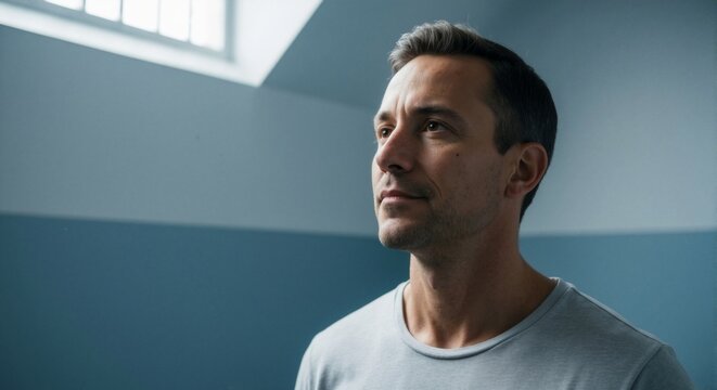 A thoughtful man gazes upward, illuminated by natural light, in a confined space.