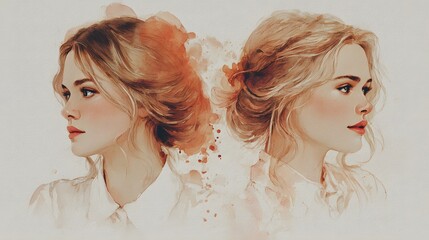 Symmetrical portraits of fair-haired women face outward in a watercolor style