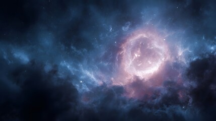 A vibrant glowing nebula with swirling clouds of pink and blue light illuminates the deep star filled expanse of space