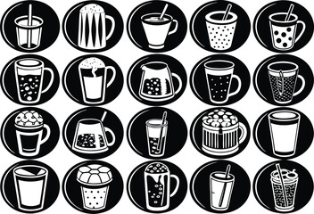 Diverse vector collection of 24 hand-drawn coffee and beverage icons for graphic design