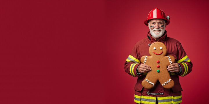 Senior firefighter man holding large gingerbread man cookie. Christmas holiday treat in red uniform. Festive baking tradition and emergency service joy concept. banner format