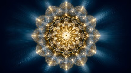 Brilliant golden floral mandala structure radiates intense light against a dark background