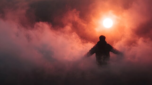 A solitary figure stands with arms outstretched in swirling red mist facing a bright glowing sun at dawn