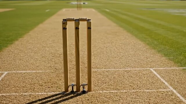 Sun-Drenched Cricket Pitch with Wooden Wickets Ready for Play, The Essence of Cricket: Wickets Stand Firm on a Well-Groomed Pitch