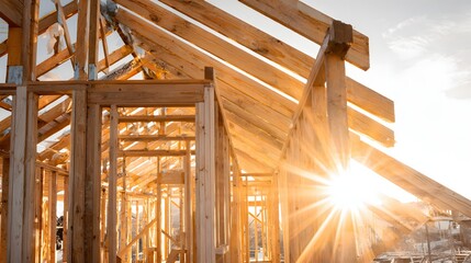 Wooden framework of an unfinished building structure illuminated by bright sunlight.