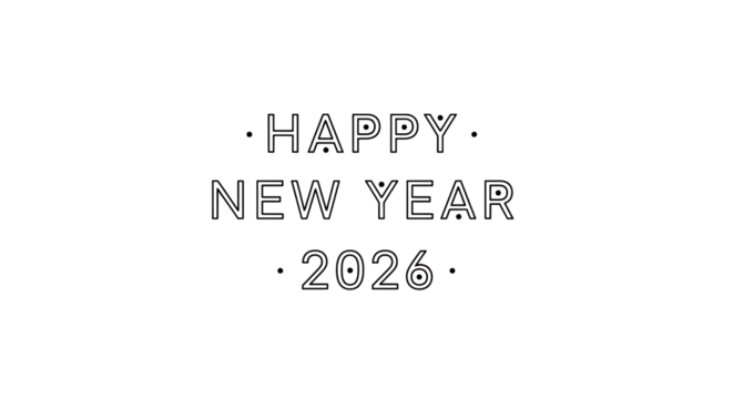 Happy New Year 2026 text, white outline, cutout, PNG isolated on white or transparent background