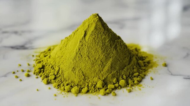 Moringa Powder Heap: Vibrant green moringa powder forms a small mountain, subtly lit against a white background. Its texture is clearly visible, inviting a sense of tranquility and wellness.