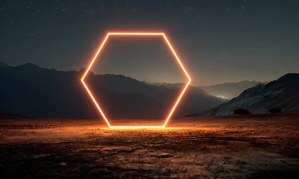 Vibrant orange hexagon neon light shape glowing brightly in a desolate rocky desert landscape under a starry night sky with distant mountain silhouettes and faint city lights