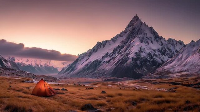 Sunset over majestic mountains with a camping tent