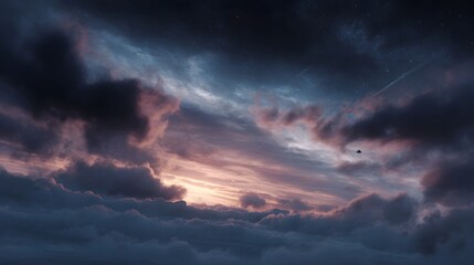 Obraz premium Dramatic sunset sky with swirling cosmic clouds illuminated by twilight hues and a distant spacecraft silhouette in the vast expanse