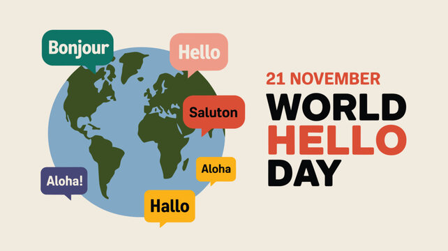World hello day on november 21st with greetings in different languages around the globe