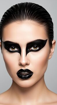 Gothic beauty portrait with dramatic black eye makeup, fashion model close-up, high contrast studio glam aesthetic
