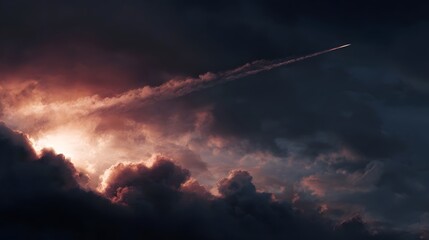 A contrail traces a path through a dramatic dimly lit sky filled with stormy clouds and a warm ethereal glow