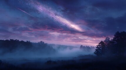 Fototapeta premium A cosmic spectacle of a colorful nebula and meteor streaks across a misty silhouetted landscape at twilight