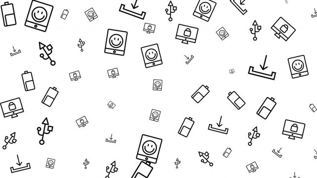 Seamless pattern of various camera icons in black outline on white background, graphic design, technology concept, flat viewpoint