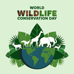 World wildlife conservation day illustration featuring diverse white animals on a globe surrounded by lush green leaves, emphasizing global protection