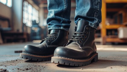 Black leather work boots with blue jeans in an industrial or workshop environment