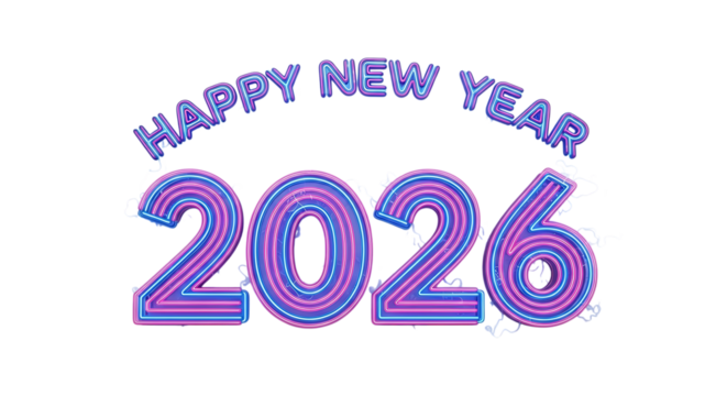 Happy New Year 2026 text, neon sign in pink and blue glowing lights, cutout, PNG isolated on white or transparent background