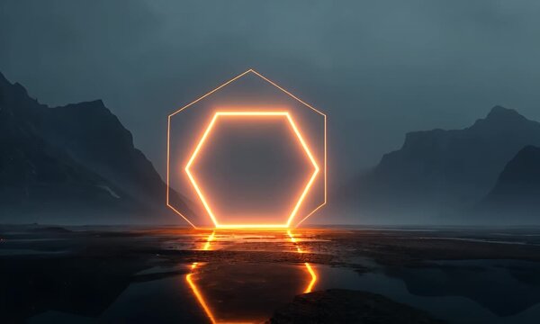 Abstract geometric pattern featuring a central hexagon shape surrounded by a dark background with subtle vertical line elements on either side