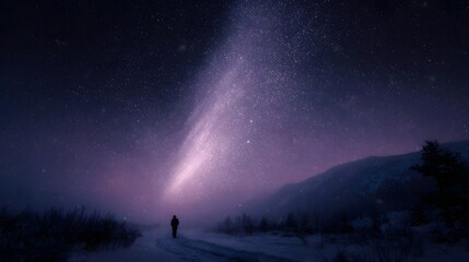 A lone silhouetted figure walks on a snowy path under a vast star filled night sky with a luminous celestial streak