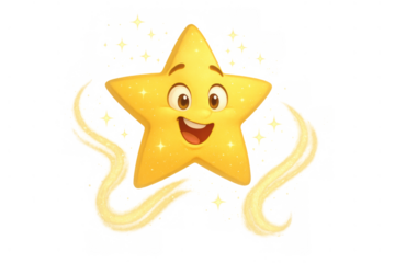Happy cartoon star character smiling, sparkling with magic and glowing trails, bringing wishes and positive energy
