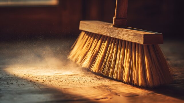 Wooden broom gathers dust and debris across a sunlit floor surface