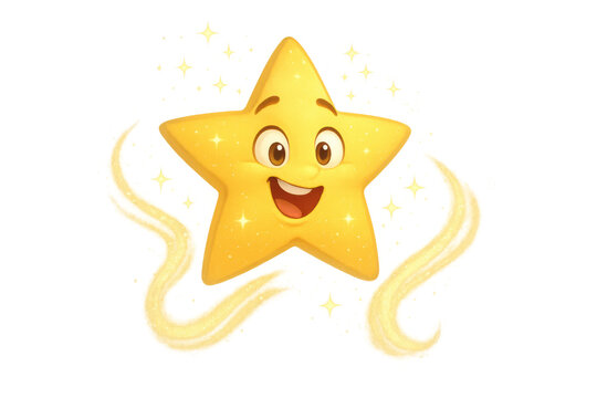 Happy cartoon star character smiling, sparkling with magic and glowing trails, bringing wishes and positive energy - Powered by Adobe
