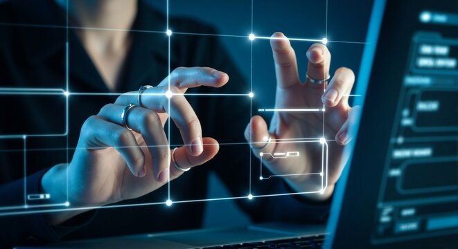 Person interacting with data visualization on a futuristic screen, a concept of technology.