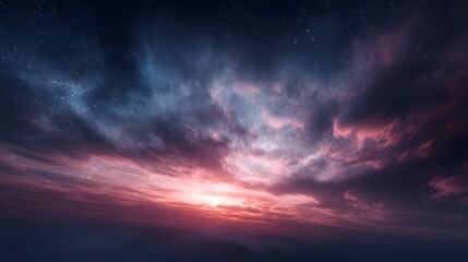 Dramatic sunset sky with vibrant pink and orange clouds swirling against a deep blue star filled backdrop evoking cosmic wonder and tranquility