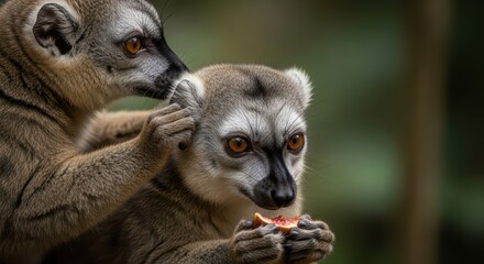 Obraz premium Two lemurs interacting with curious expressions and eating fruit in natural habitat