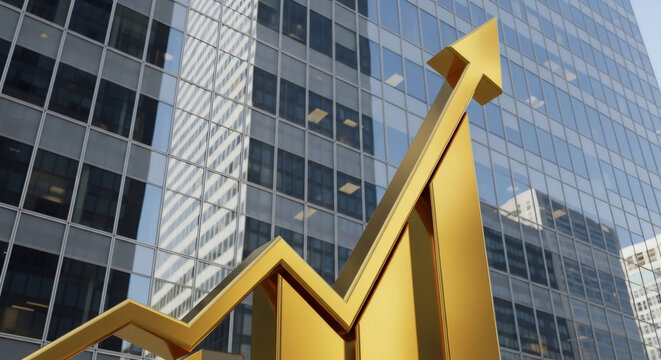 Golden arrow pointing upward on financial graph with building backdrop. Business growth chart with rising trend for investment analysis.