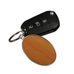 Metal and leather keychains with one black car key , isolated background.