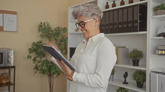 Short haired woman holds tablet and pumps fist in office building; achievement motivation confidence joy.