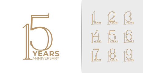 Elegant minimal birthday logo design. Anniversary symbol with line style and gold color for celebration or wedding. 11, 12, 13, 14, 15, 16, 17, 18, 19, number vector template