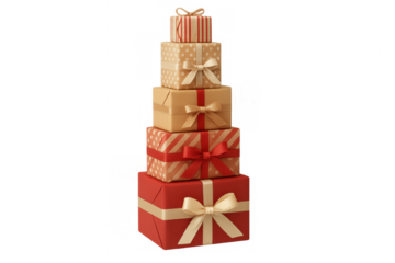 Stack of festive gift boxes in red and beige with ribbons, celebrating holidays, birthdays, and special occasions