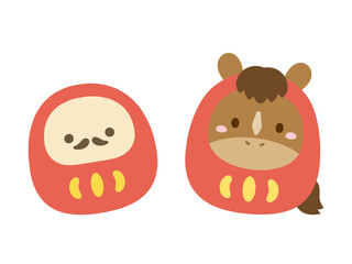 馬とダルマのイラスト、午年の年賀状素材