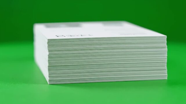 Close-up of a thick stack of white papers with blurred print, on green surface
