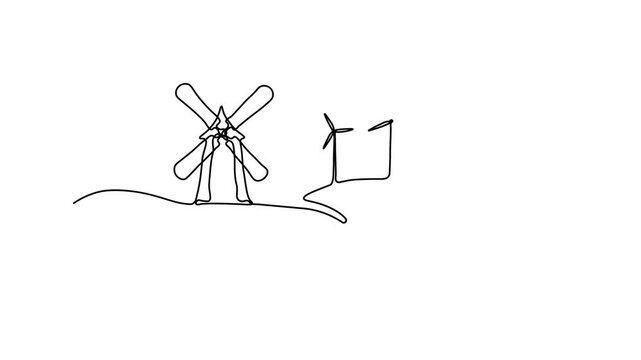 Dutch countryside landscape, windmill and wind turbines, Self drawing animation one continuous line draw, logo on white background